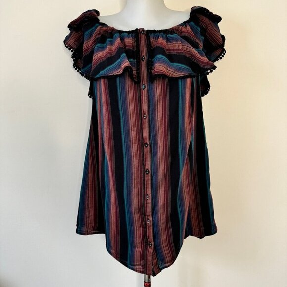 WAYF Mini Dress Striped Off the Shoulder Pom Pom Ruffle Lined Boho Beachy Sz L - Picture 6 of 16